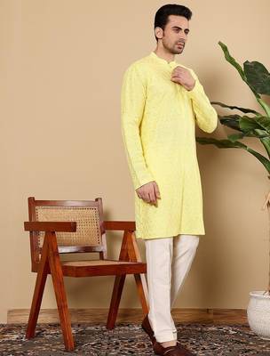Yellow silk embroidered kurta pajama for mens 3
