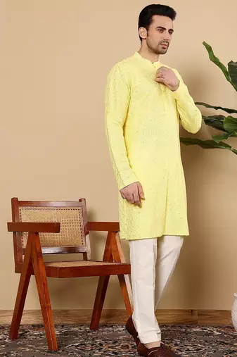 Yellow silk embroidered kurta pajama for mens