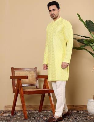 Yellow silk embroidered kurta pajama for mens 4