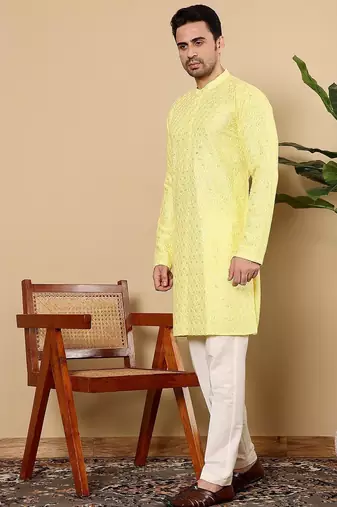 Yellow silk embroidered kurta pajama for mens