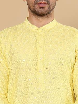 Yellow silk embroidered kurta pajama for mens 5