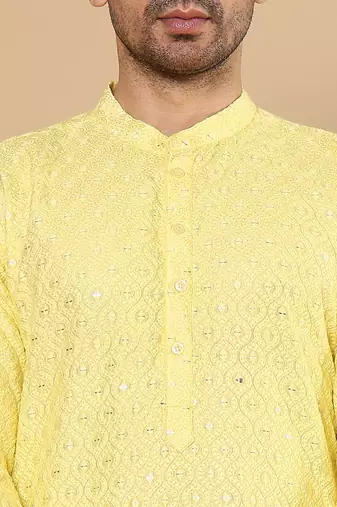 Yellow silk embroidered kurta pajama for mens