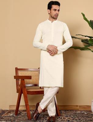 White silk embroidered kurta pajama for mens 1