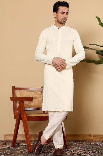 White silk embroidered kurta pajama for mens