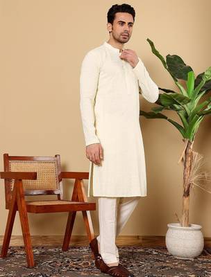 White silk embroidered kurta pajama for mens 2