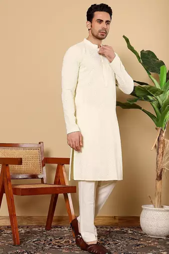White silk embroidered kurta pajama for mens