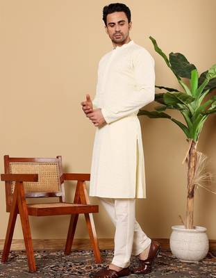 White silk embroidered kurta pajama for mens 3