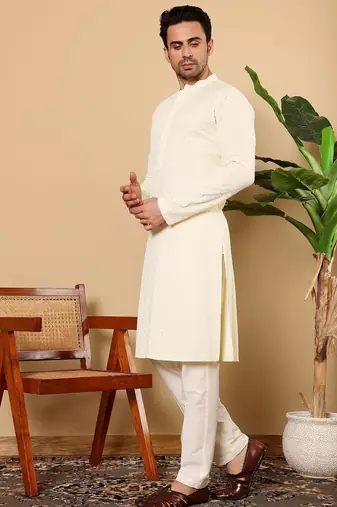 White silk embroidered kurta pajama for mens