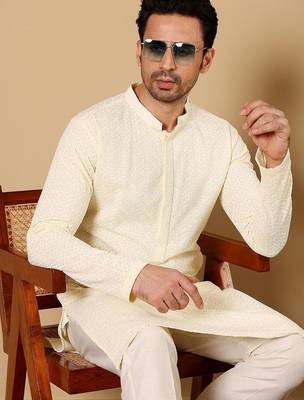 White silk embroidered kurta pajama for mens 4