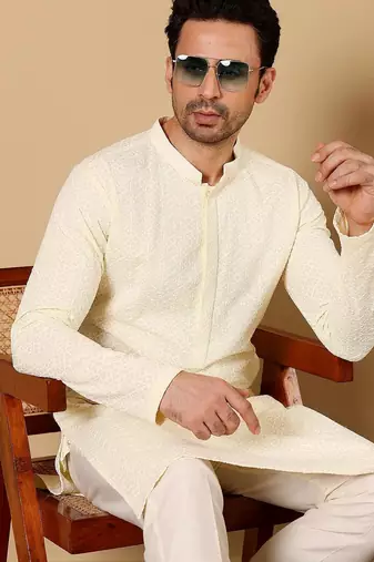 White silk embroidered kurta pajama for mens