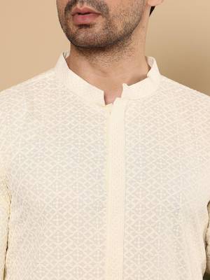 White silk embroidered kurta pajama for mens 5