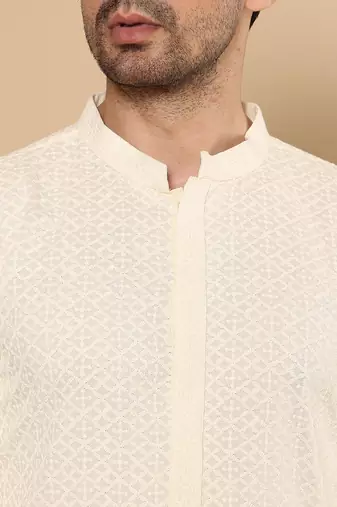White silk embroidered kurta pajama for mens