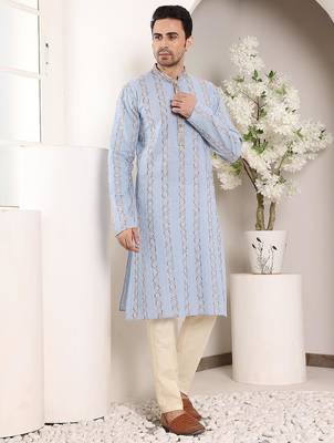 Blue cotton embroidered kurta pajama for mens 1