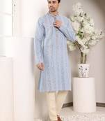 Blue cotton embroidered kurta pajama for mens