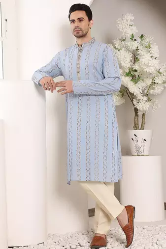 Blue cotton embroidered kurta pajama for mens