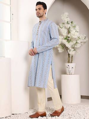 Blue cotton embroidered kurta pajama for mens 3