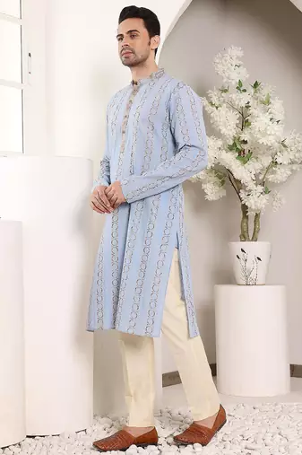 Blue cotton embroidered kurta pajama for mens