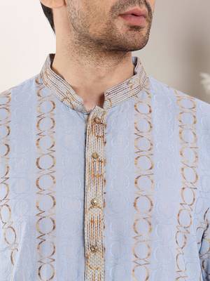 Blue cotton embroidered kurta pajama for mens 4