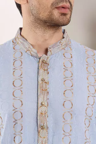 Blue cotton embroidered kurta pajama for mens