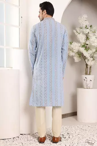 Blue cotton embroidered kurta pajama for mens