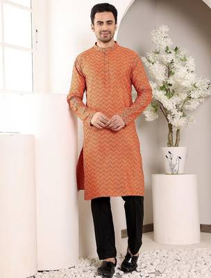 Orange cotton embroidered kurta pajama for mens 1