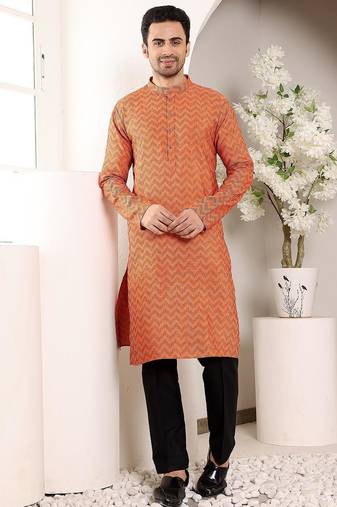 Orange cotton embroidered kurta pajama for mens