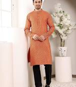 Orange cotton embroidered kurta pajama for mens