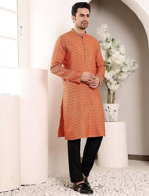 Orange cotton embroidered kurta pajama for mens 2