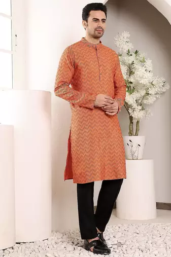 Orange cotton embroidered kurta pajama for mens