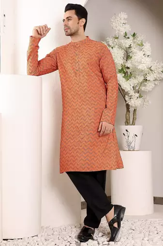 Orange cotton embroidered kurta pajama for mens