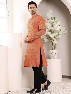 Orange cotton embroidered kurta pajama for mens 4