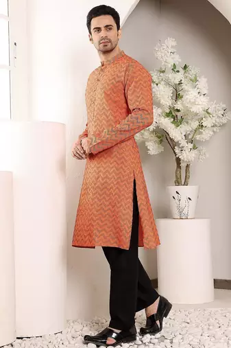 Orange cotton embroidered kurta pajama for mens