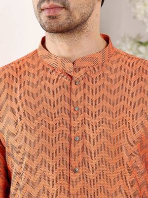 Orange cotton embroidered kurta pajama for mens 5