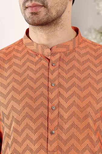 Orange cotton embroidered kurta pajama for mens