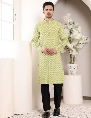 Yellow cotton embroidered kurta pajama for mens 1