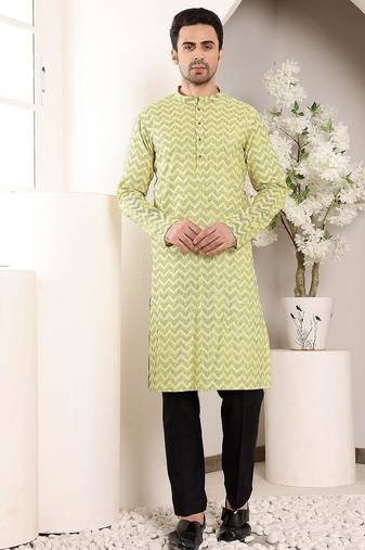 Yellow cotton embroidered kurta pajama for mens