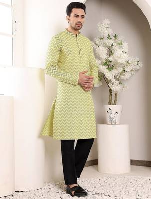 Yellow cotton embroidered kurta pajama for mens 2
