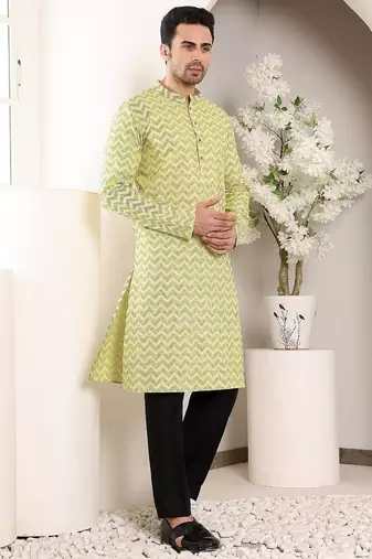 Yellow cotton embroidered kurta pajama for mens