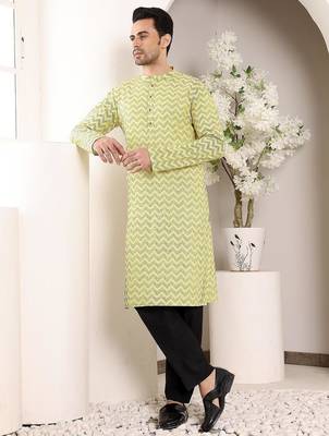 Yellow cotton embroidered kurta pajama for mens 3