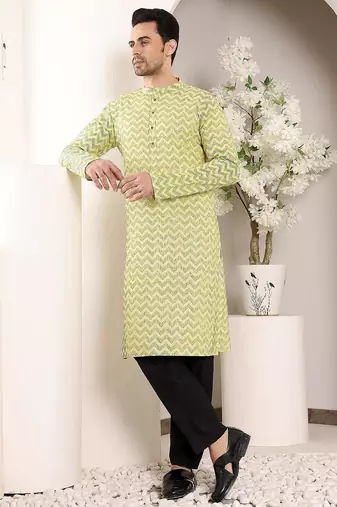 Yellow cotton embroidered kurta pajama for mens