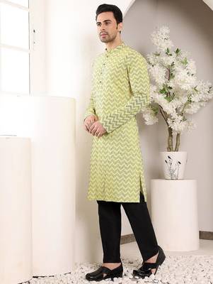Yellow cotton embroidered kurta pajama for mens 4