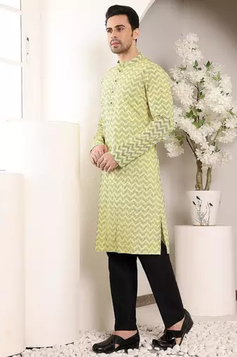 Yellow cotton embroidered kurta pajama for mens