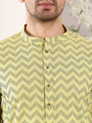 Yellow cotton embroidered kurta pajama for mens 5