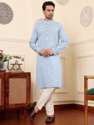 Blue cotton embroidered kurta pajama for mens 1