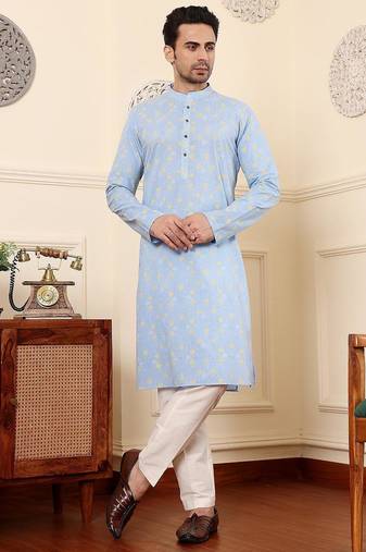 Blue cotton embroidered kurta pajama for mens