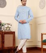 Blue cotton embroidered kurta pajama for mens