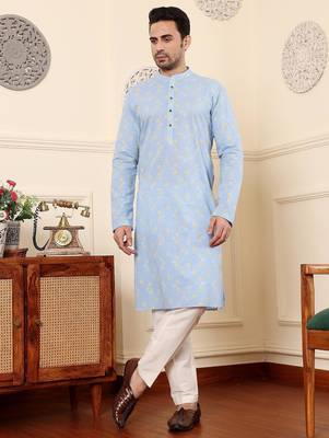 Blue cotton embroidered kurta pajama for mens 2