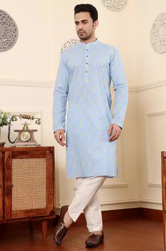 Blue cotton embroidered kurta pajama for mens