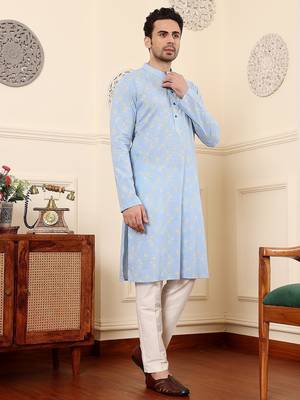 Blue cotton embroidered kurta pajama for mens 3