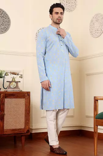 Blue cotton embroidered kurta pajama for mens